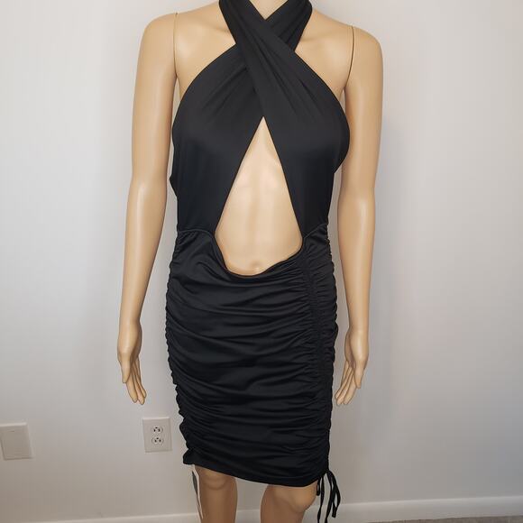 Munya5add New Blush Mark Ruched Midi Dress Black Halter‎ Tie Back Criss Cross L - Picture 12 of 12